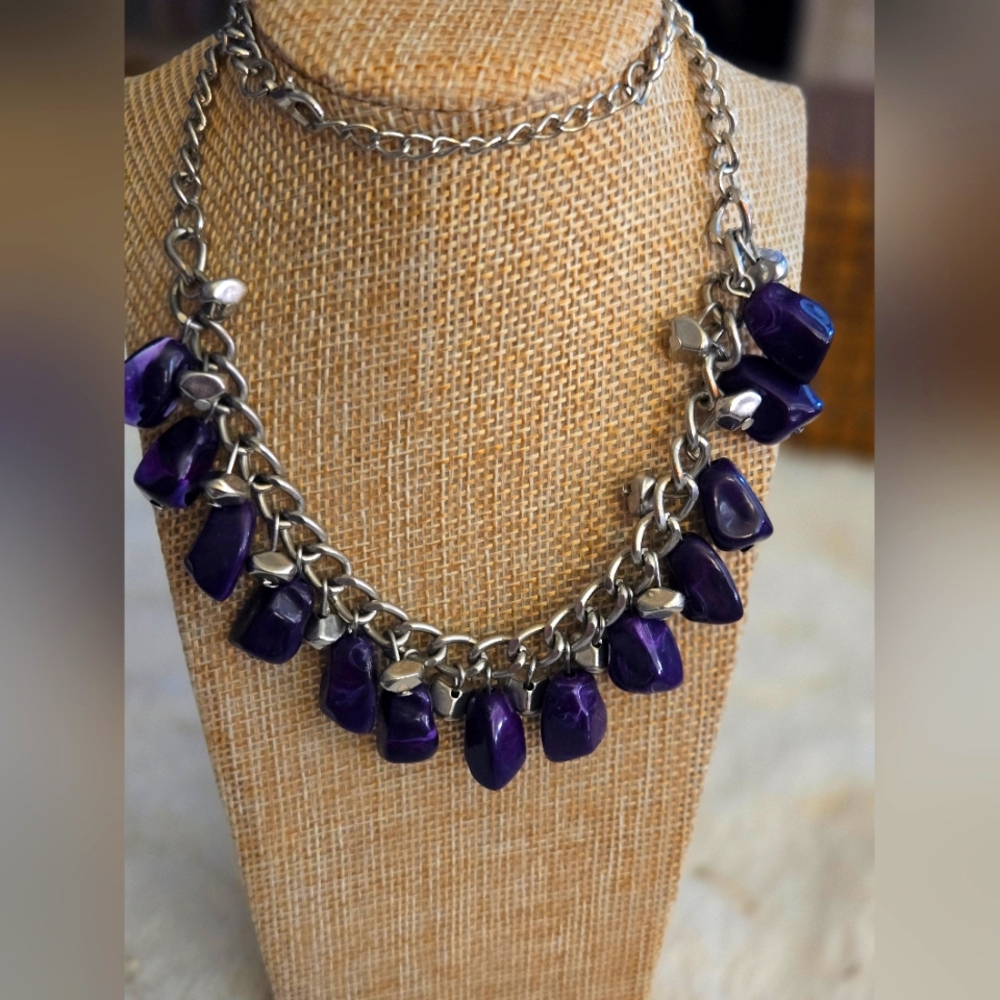 **3/$10**  Chunky Silver Chain Necklace with Purple Stones